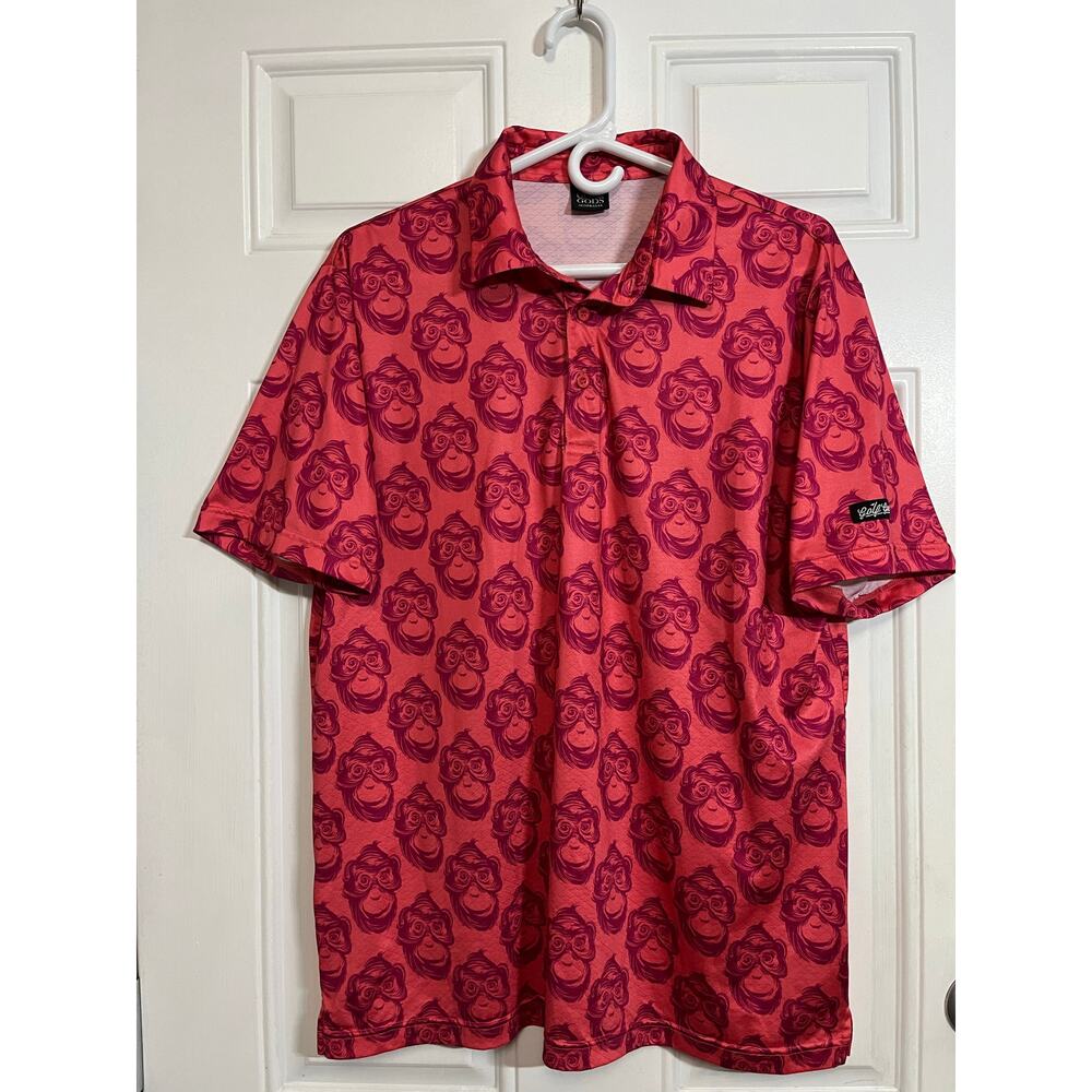 Golf Gods Red Pink Allover Monkey Graphic Polo Bold Playful Statement Mens L
